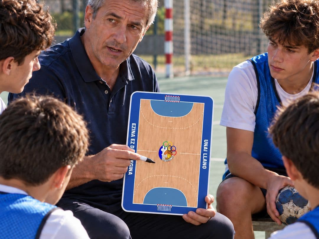 Un entraîneur de handball explique une action sur la plaquette à ses joueurs sur le terrain