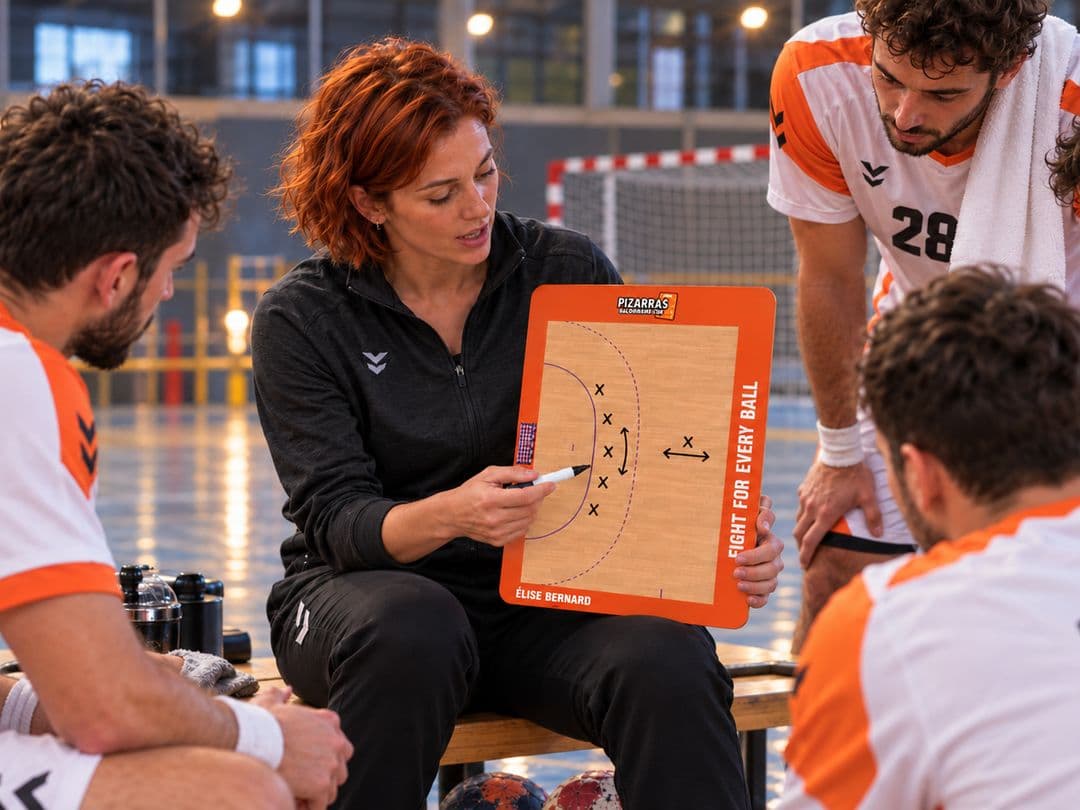 Une entraîneuse de handball explique une action sur la plaquette à son équipe sur le banc